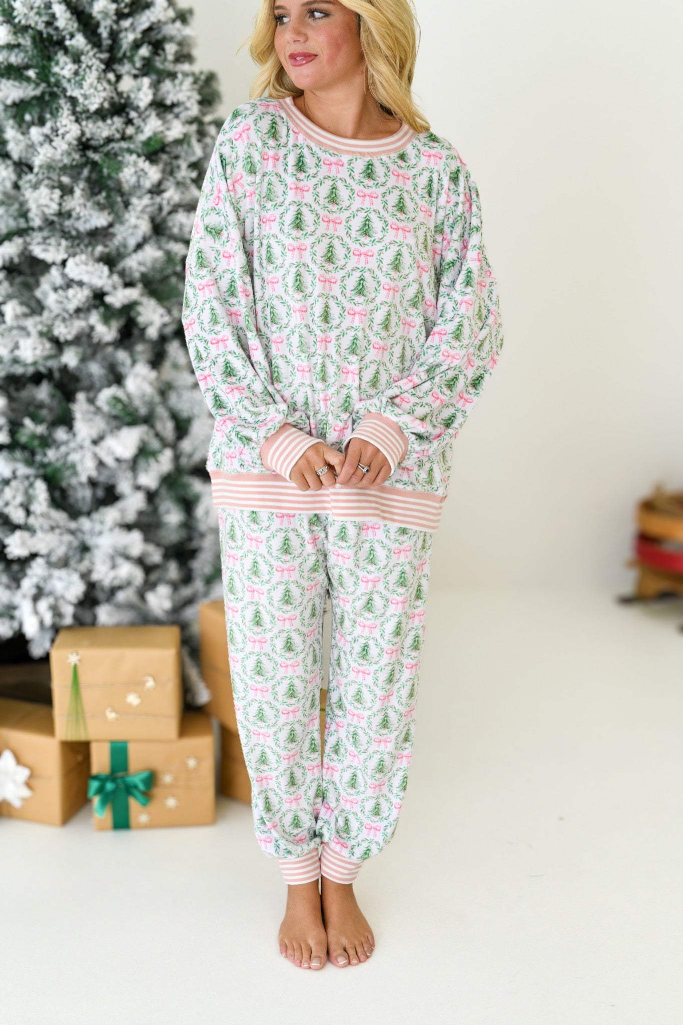 Holly Christmas Soft Touch Pajama Set-Pink/Green