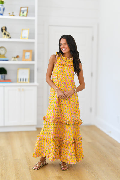 Penelope Frill Neck Maxi Dress - Yellow BlockPrint