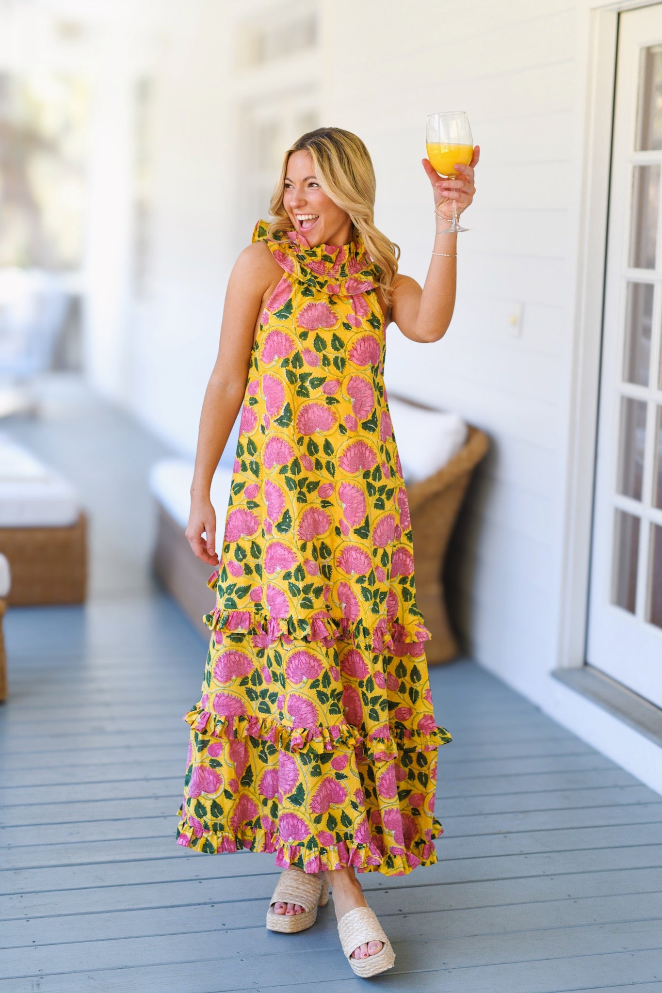 Ashley Frill Neck Maxi Dress - Yellow/Pink