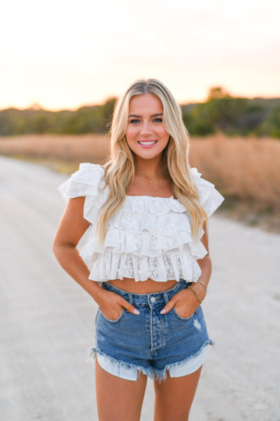 Kallie Lace Ruffled Crop Top - White