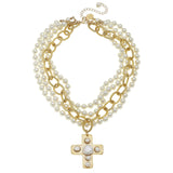 Multi Strand Gold Cross Pearl Necklace - Susan Shaw