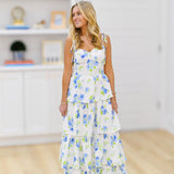 Christy Tiered Maxi Dress - Ivory/Blue