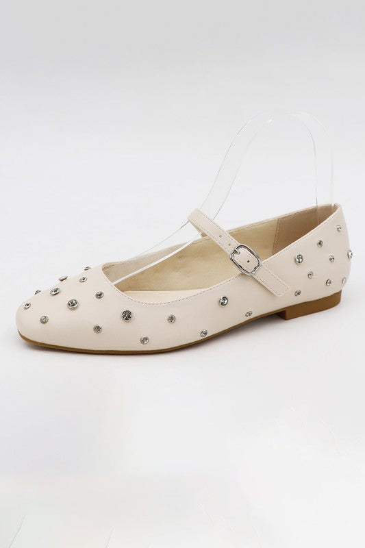 Rhinestone Streak Studded Flats - Ivory Pu