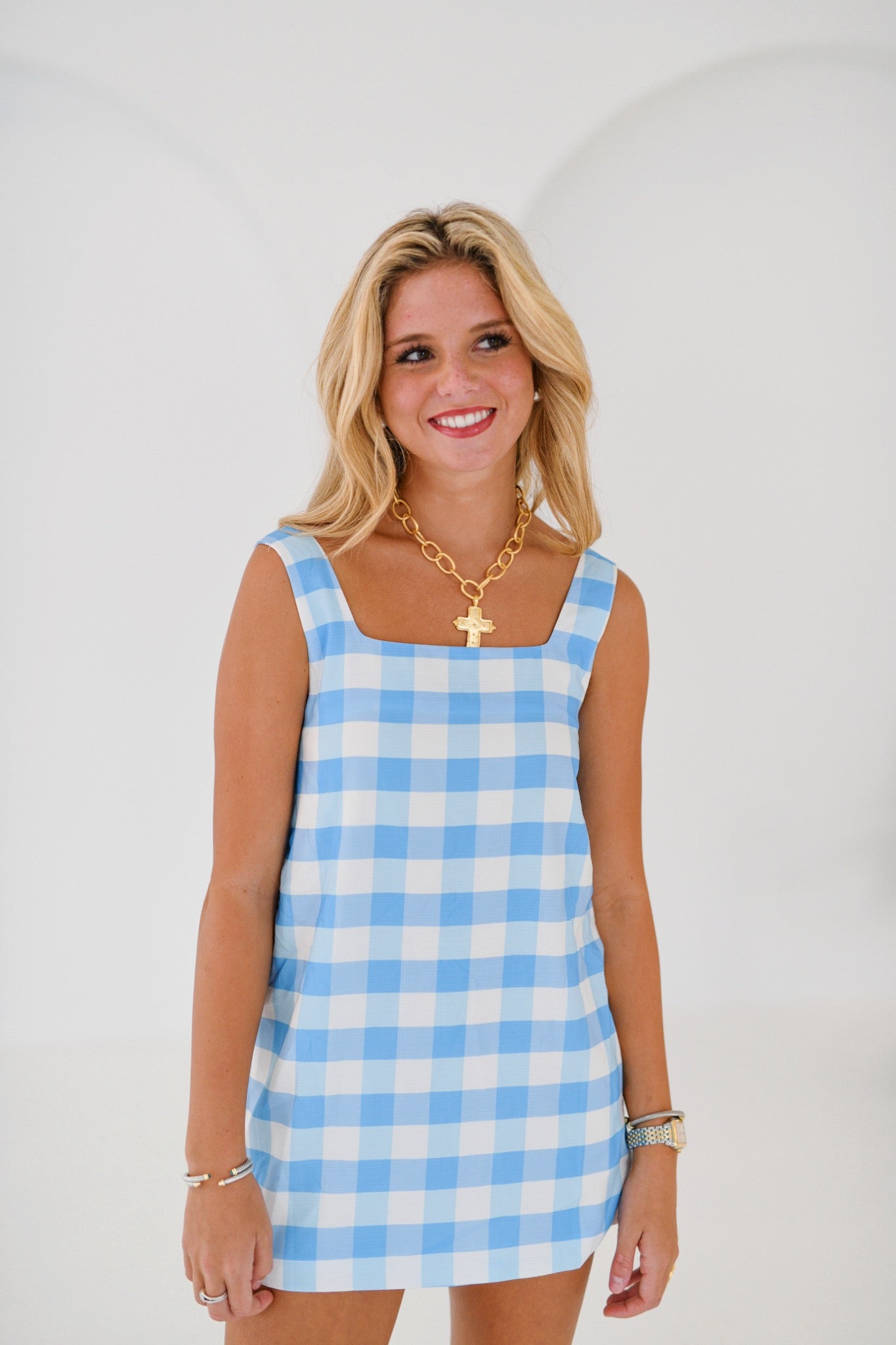 Daisy Checkered Dress - Light Blue