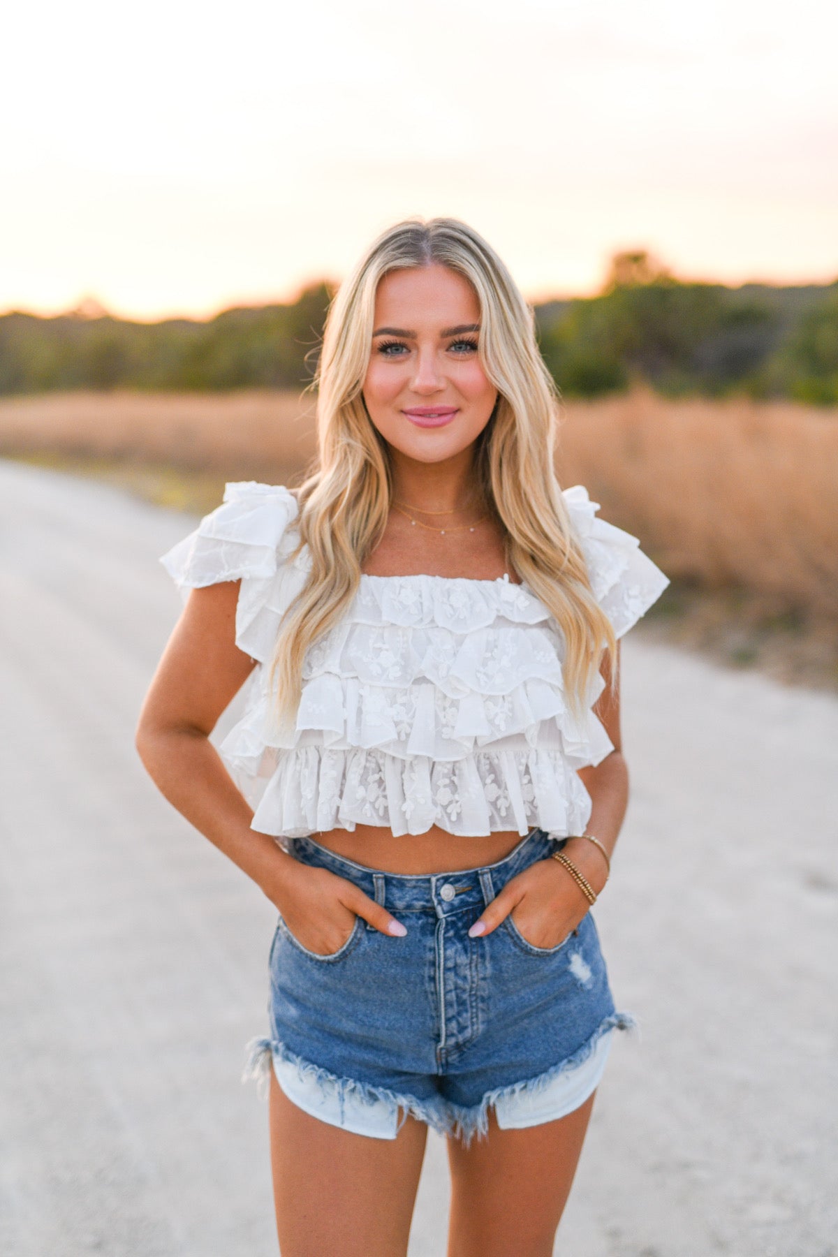 Kallie Lace Ruffled Crop Top - White