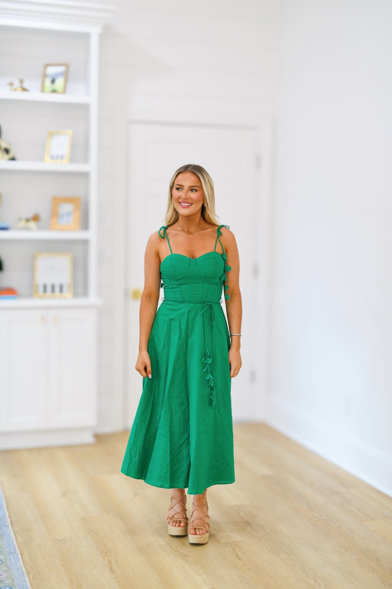 Annalee Self Tie Belt Flare Midi Dress - Green