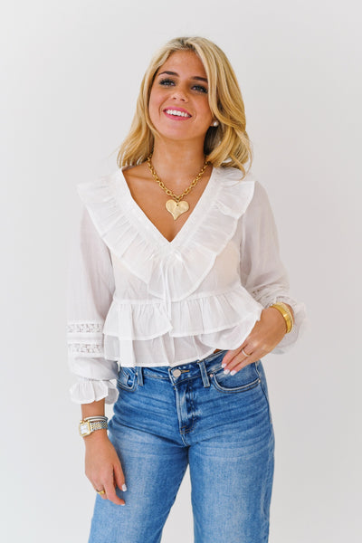 Izzy V-Neck Ruffled Top-White