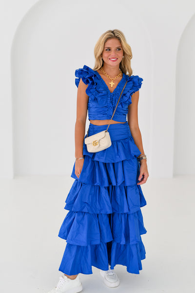 Kailey Ruffle Top and Midi Skirt Set-Blue