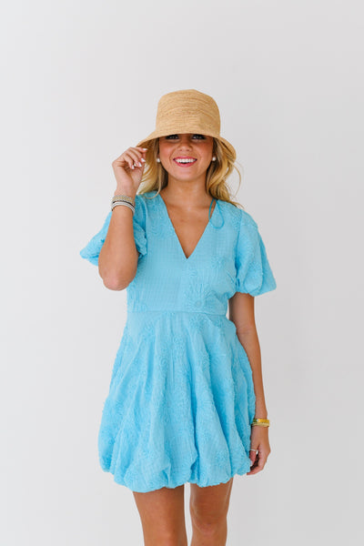 Emily Puff Sleeve Bubble Mini Dress-Sky Blue