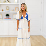 Elenor Short Sleeve Midi Dress-Off White/Blue