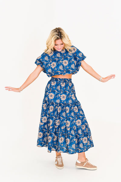 Sadie Maxi Skirt Bubble Set - Blue Floral