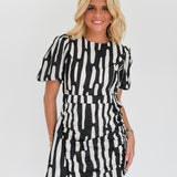Logan Puff Sleeve Mini Dress - Black/White Abstract (PREORDER)