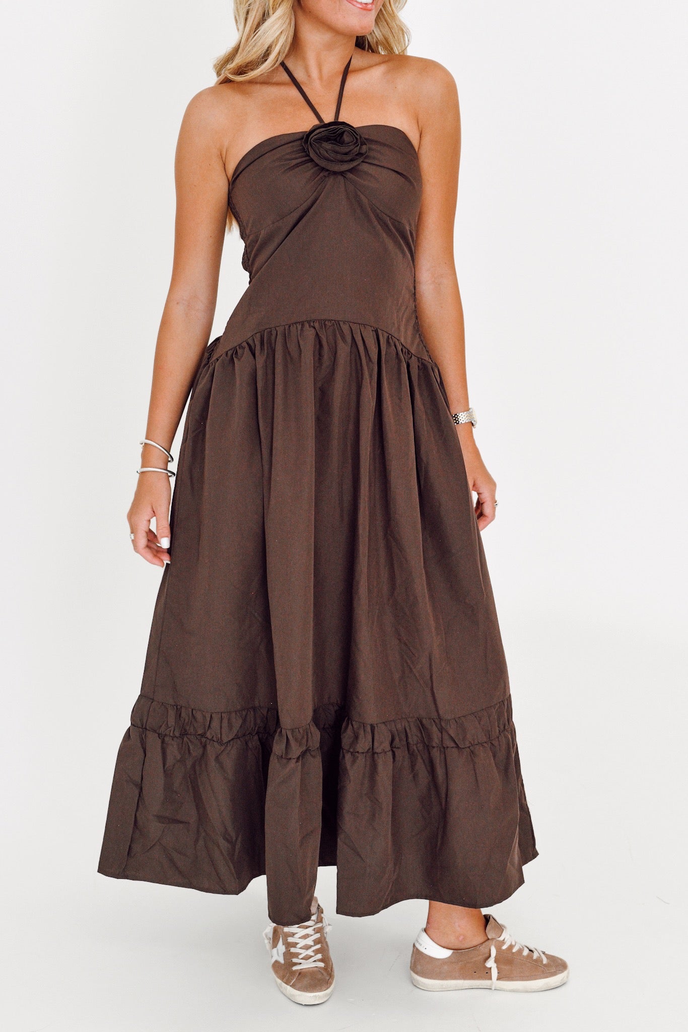 Carly Flower Halter Maxi Dress - Brown