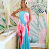 Haley Printed Pleated Maxi Tube Dress - Teal/Pink