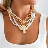 Multi Strand Gold Cross Pearl Necklace - Susan Shaw