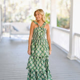 Harmony Ruffled Maxi Dress - Green Block Print