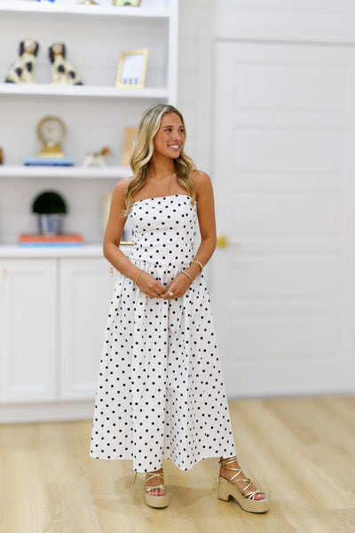 Megan Drop-waist Midi Dress  - White/Black Polkadot