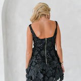Venetia Square Neckline 3D Floral Embroidered Dress - Black