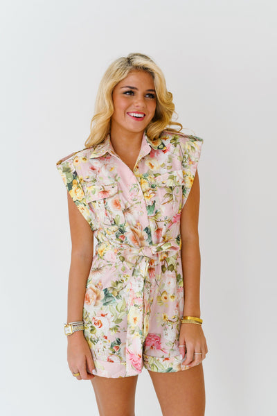 Erin Floral Button Down Romper - Powder Pink Flower