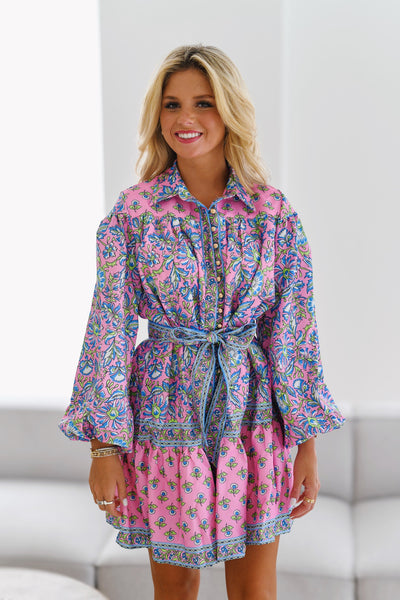 Aub Floral Button Down Belted Dress - Pink/Blue