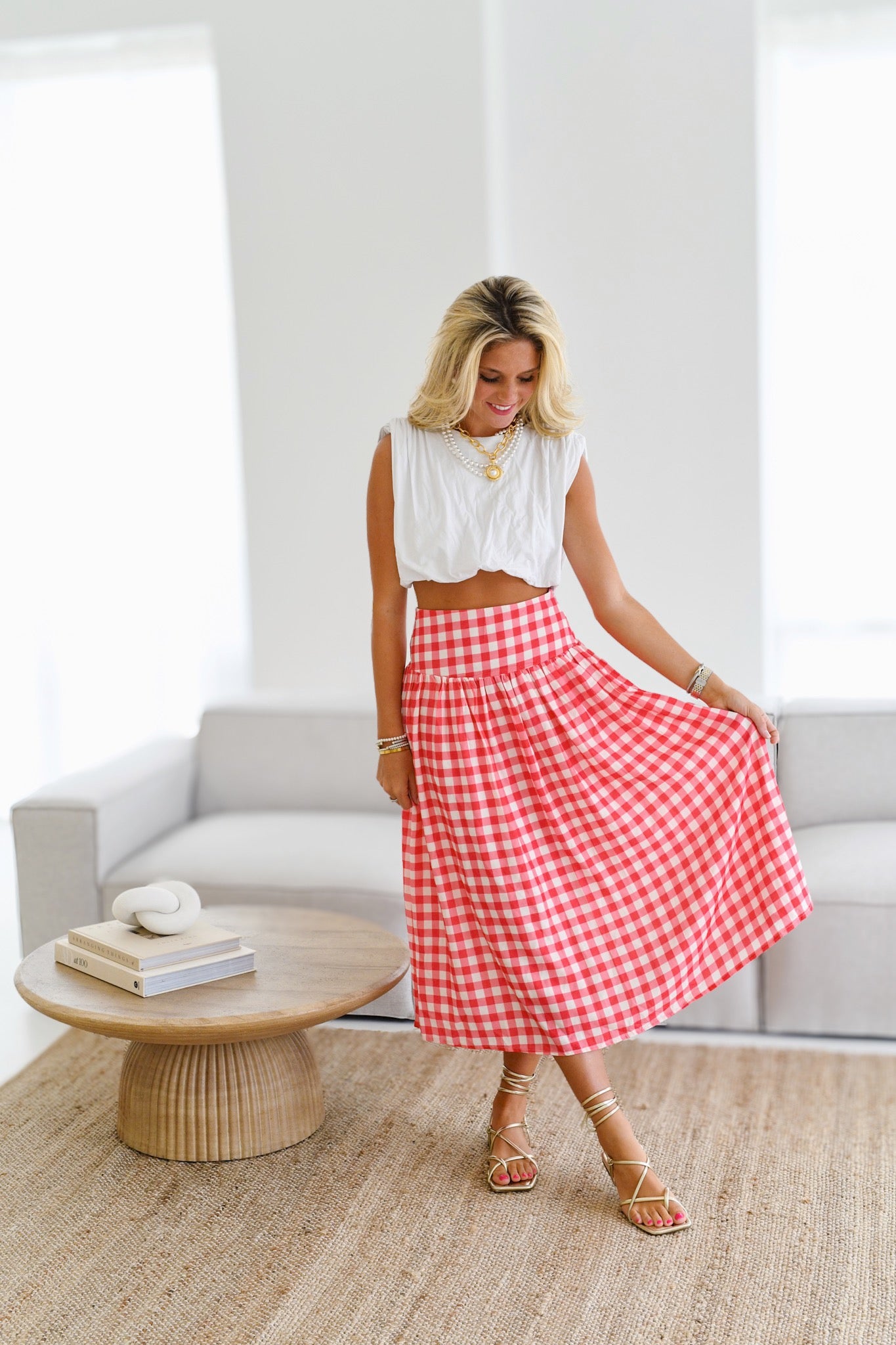 Sara Gingham Midi Skirt-Red