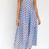 Manning Strapless Polka Dot Midi Dress - Powder Blue/Red