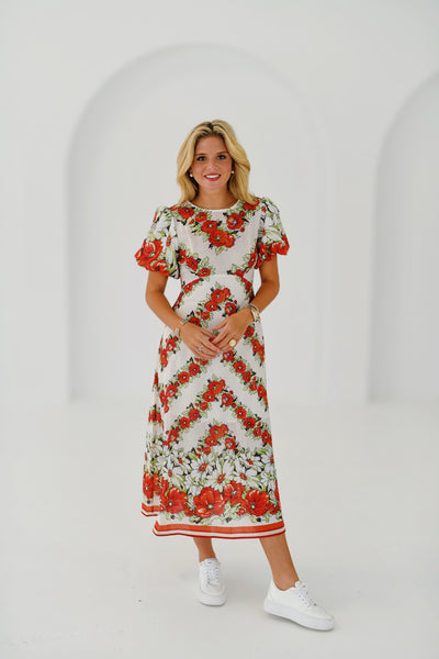 Maggie Floral Puff Sleeve Midi Dress - Red/White