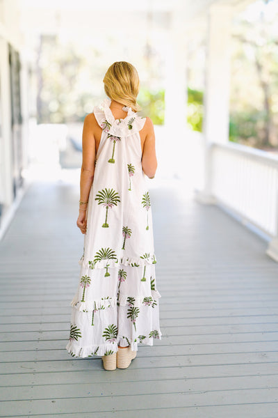 Lola Frill Neck Maxi Dress - White/Green Palm