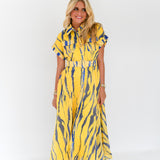 Emme Zebra Print Belted Midi Dress - Yellow/Blue Multi