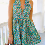 Victoria Frill Halter Mini Dress - Teal