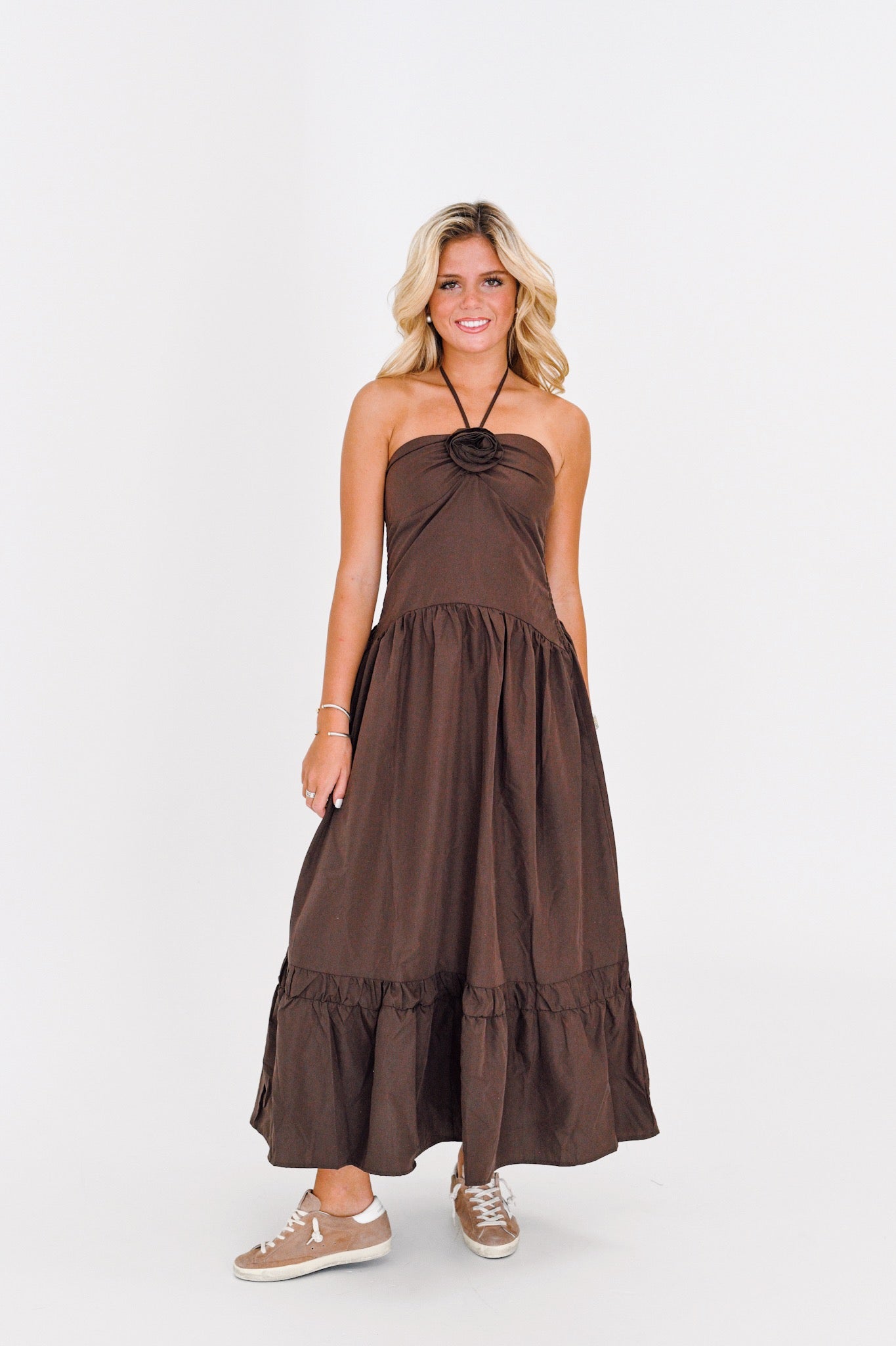 Carly Flower Halter Maxi Dress - Brown