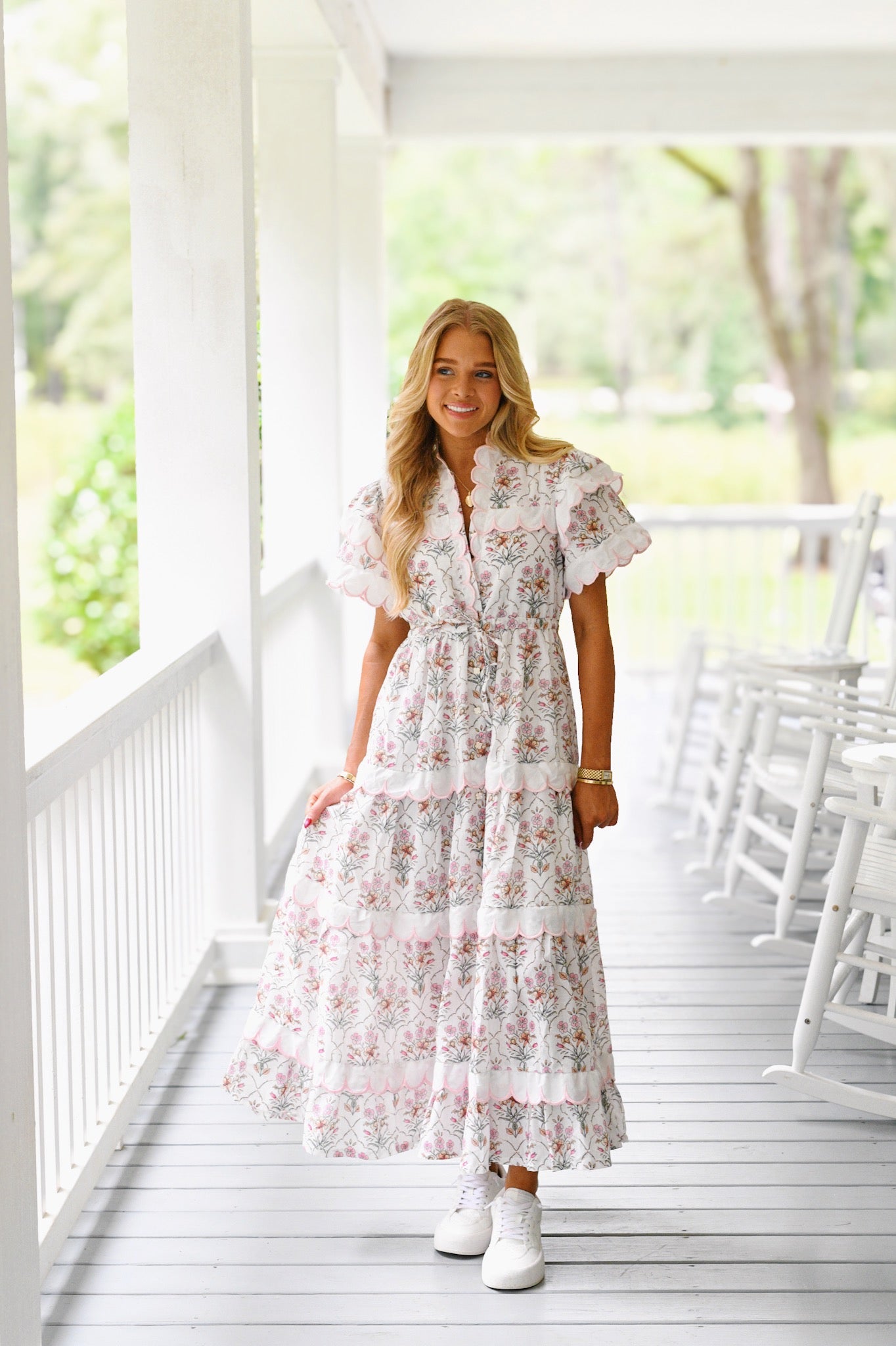 Lucy Scalloped Midi Dress - Pink/Brown Multi Print