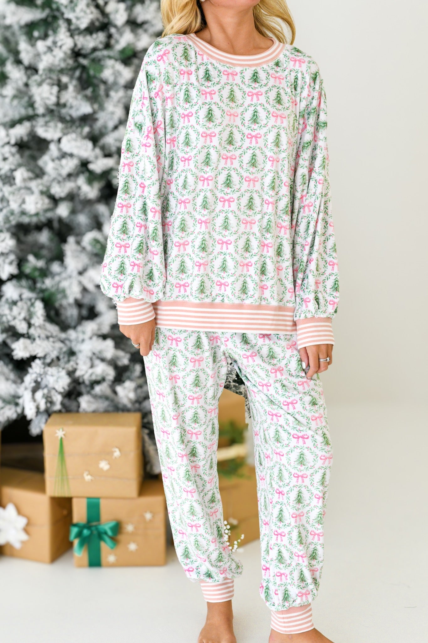 Holly Christmas Soft Touch Pajama Set-Pink/Green