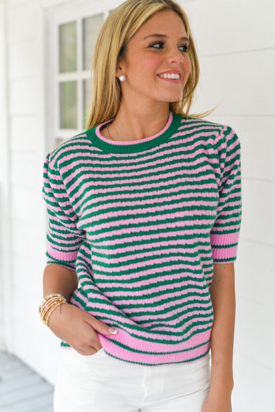 Lillie Striped Puff Sleeve Sweater Top - Green Pink