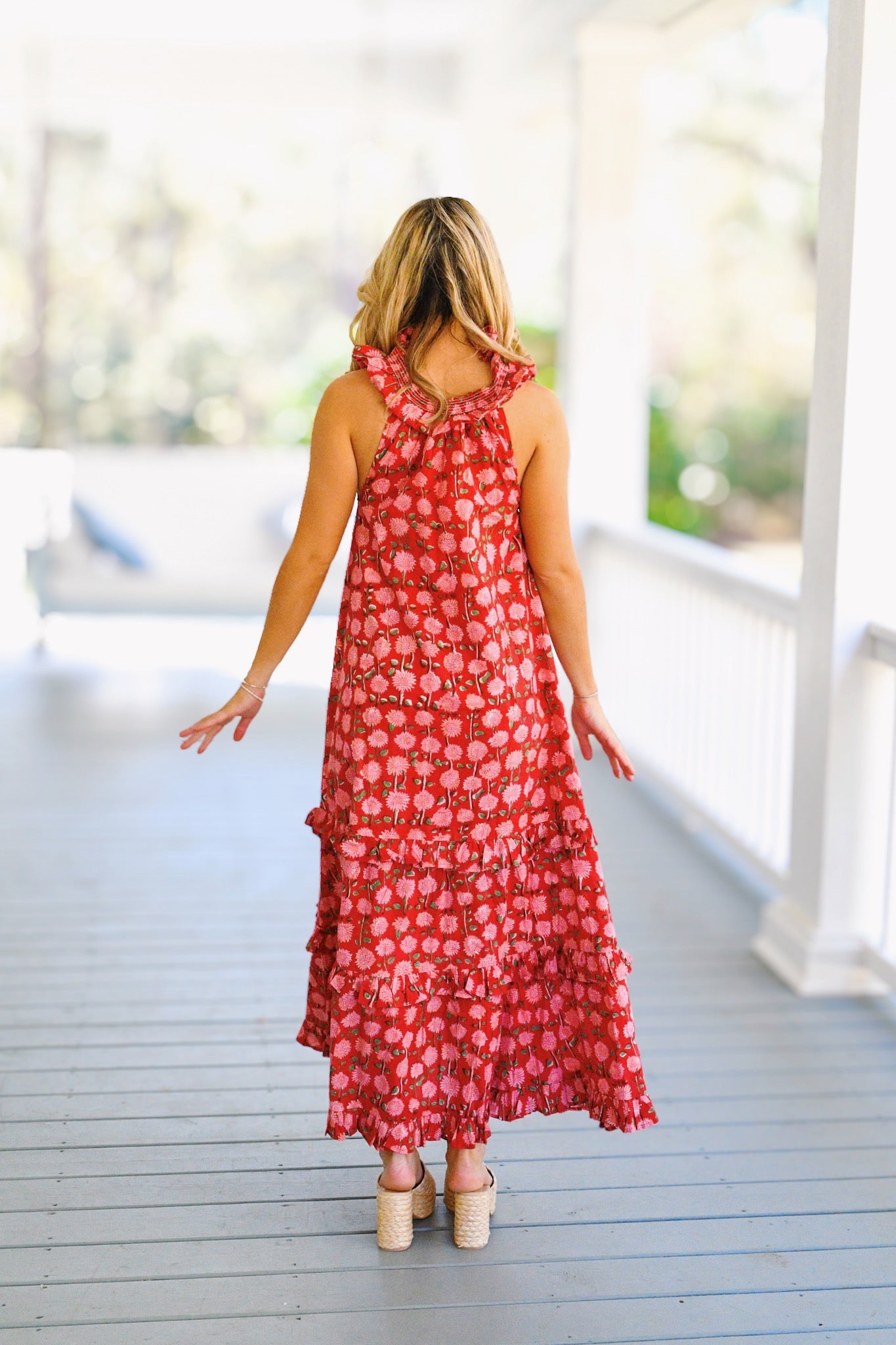 Court Frill Neck Maxi Dress - Red