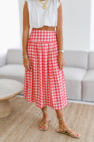 Sara Gingham Midi Skirt-Red