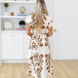 Maya Printed Button Down Dress-White/Brown
