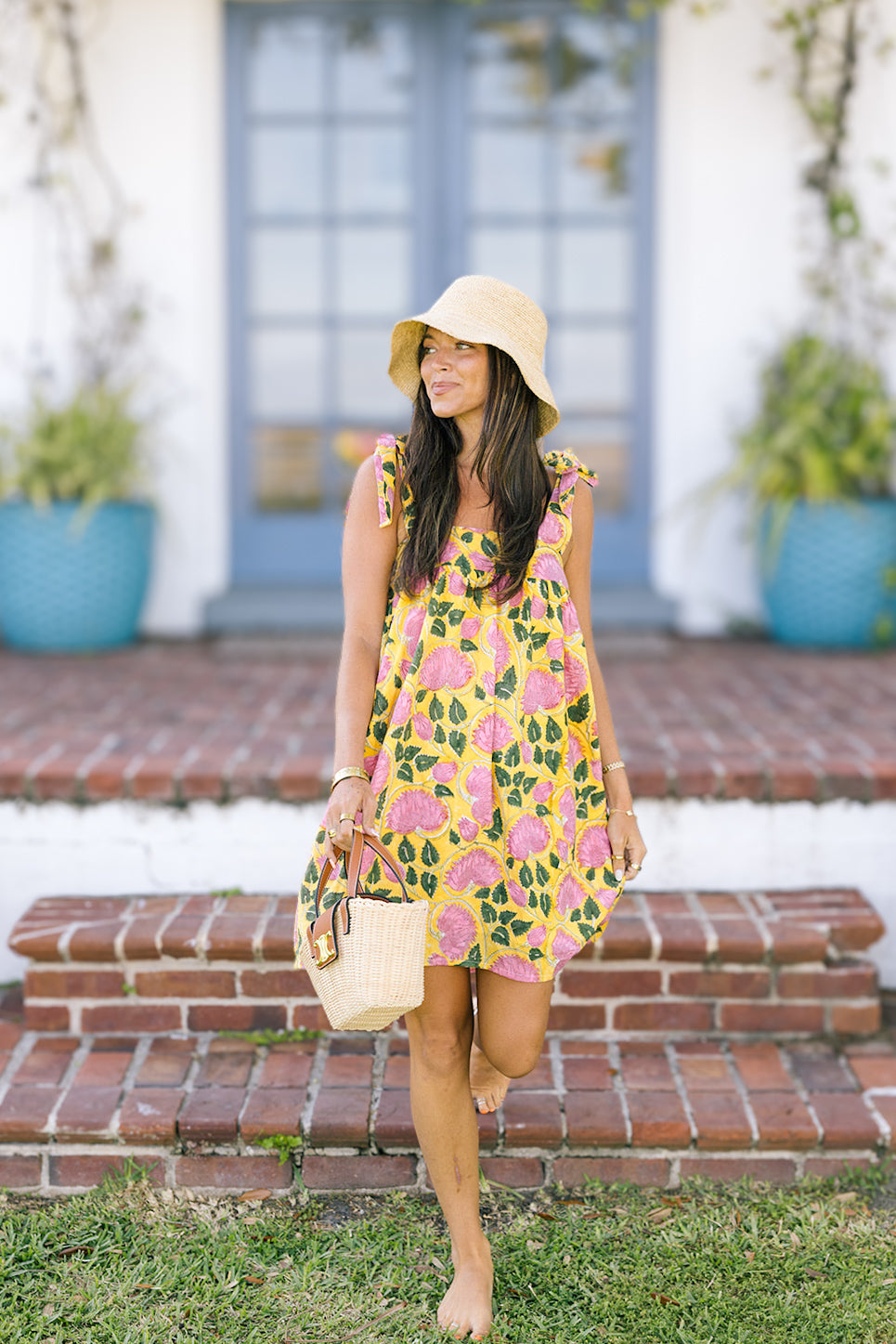 Low Country Summer Mini Tie Dress - Yellow/Pink Flowers