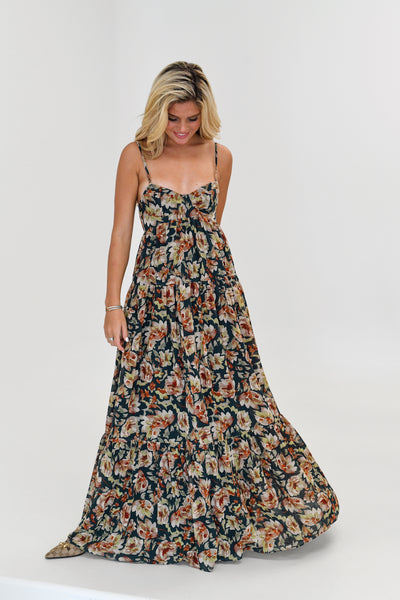 Whitney Silky Maxi Dress -Dark Green Floral