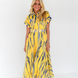 Emme Zebra Print Belted Midi Dress - Yellow/Blue Multi