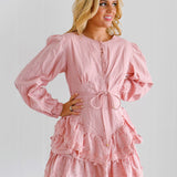Aurora Cotton Long Puff Sleeve Lace Trim Mini Dress - Light Pink