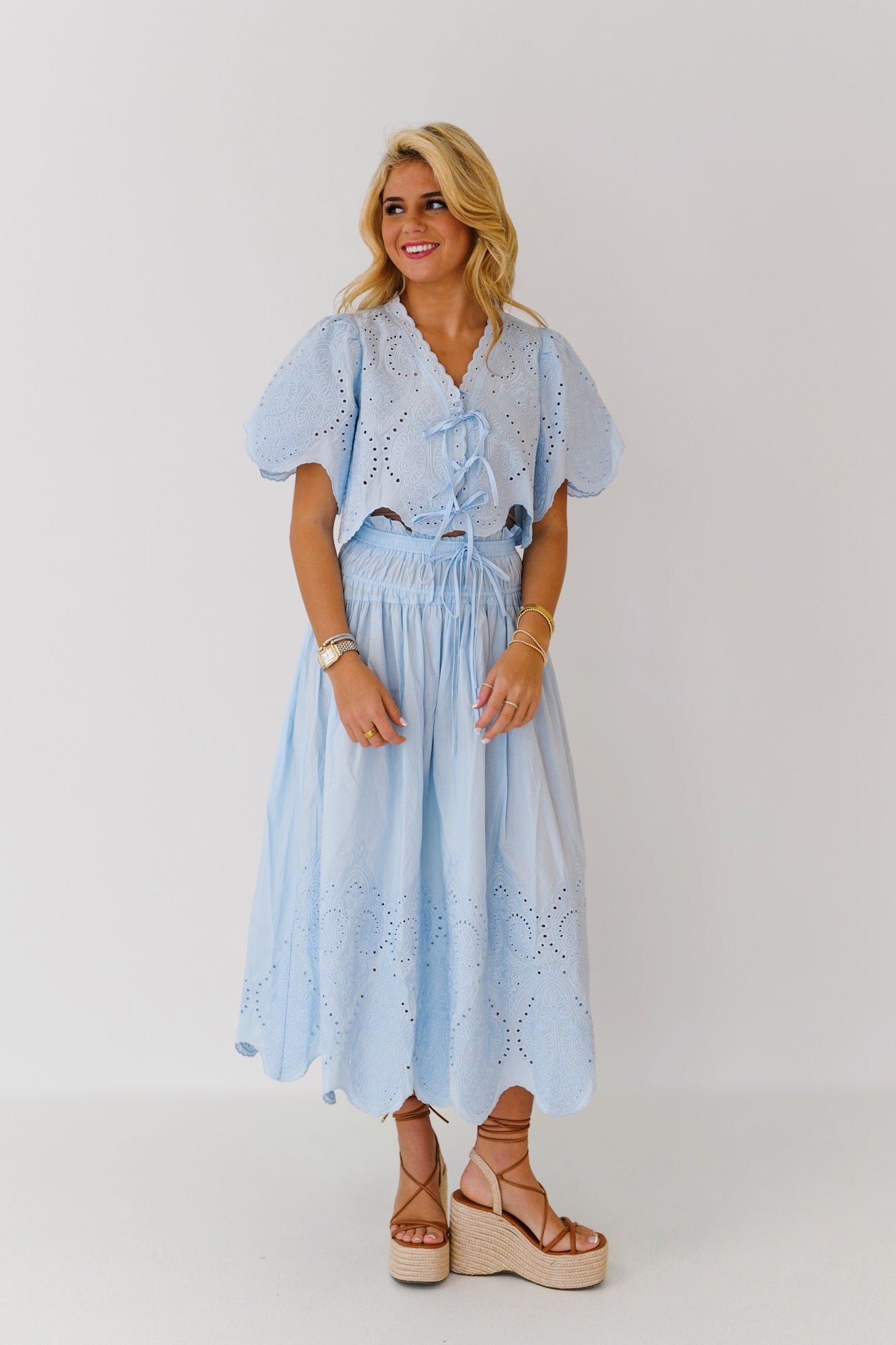 Brielle Eyelet Tie Blouse-Baby Blue