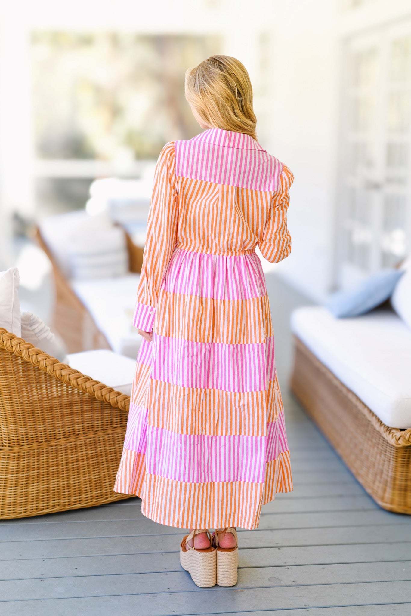 Sarah Striped Tie Midi Dress - Pink/Orange