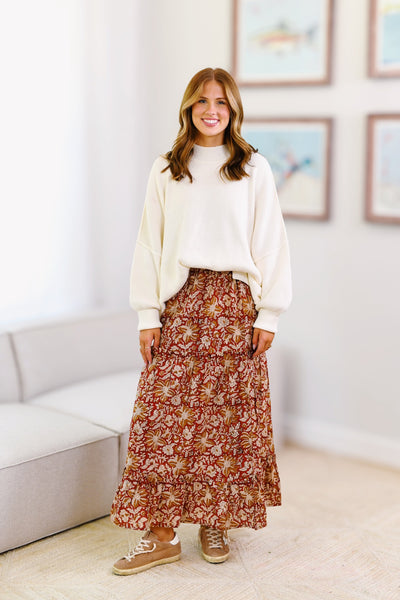 Cindy Tiered Maxi Skirt - Dark Red and Cream