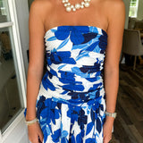 Amy Floral Printed Bubble Hem Tube Mini Dress - White/Blue
