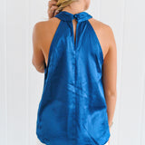 Lennox Satin Sleeveless Halter Neck Front 3D Flower - Navy