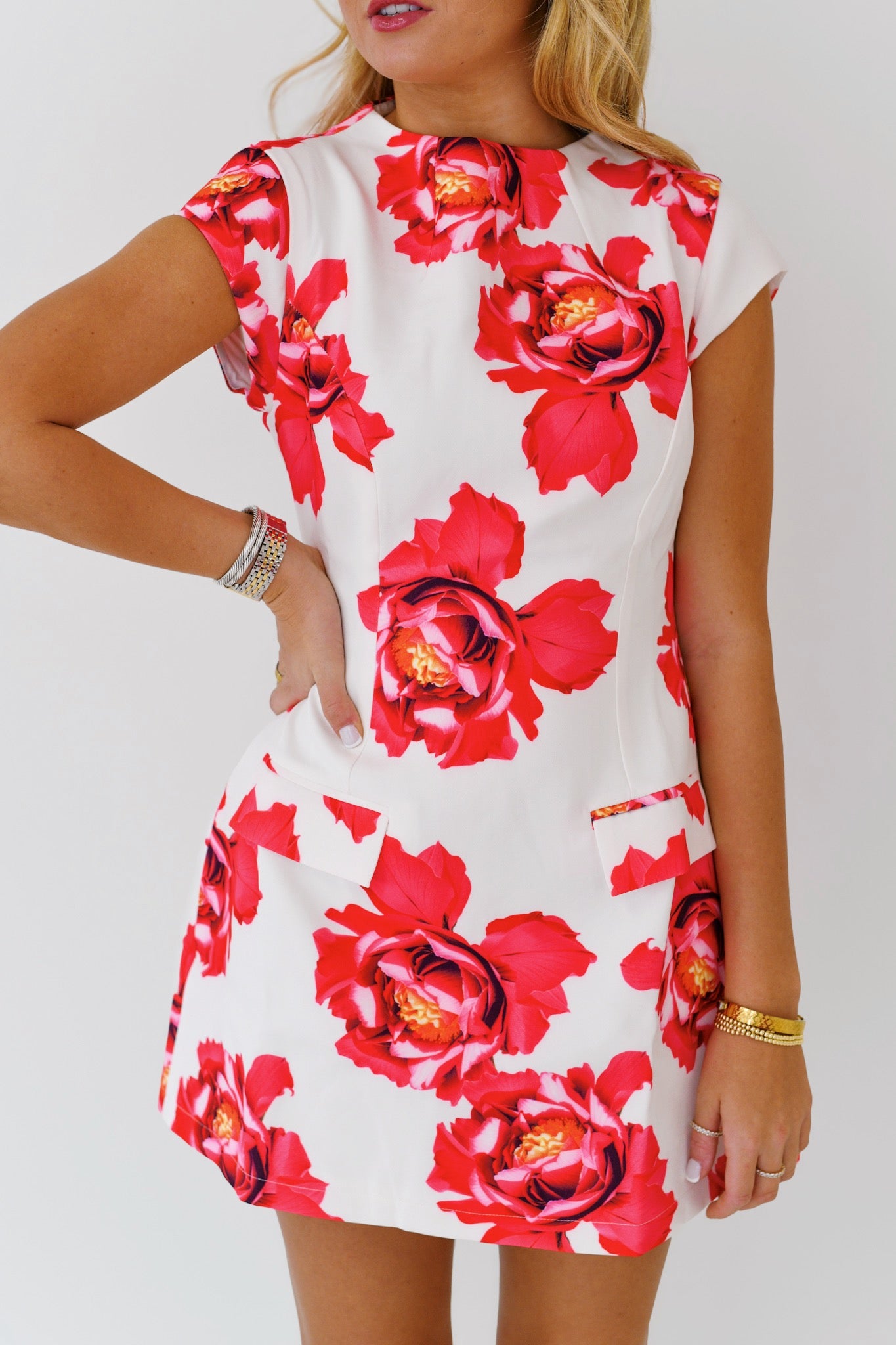 Taylor Floral Boat Neck Mini Dress-Red