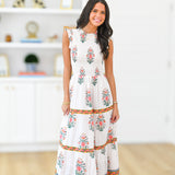 Miley Smocking Tier Maxi Dress - White Block Print