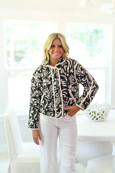 Paisley Printed Padded Jacket-Black Cream