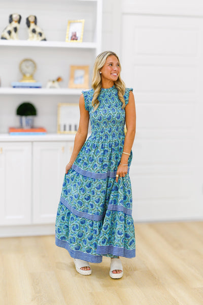 Hagan Smocking Tier Maxi Dress - Blue/Green
